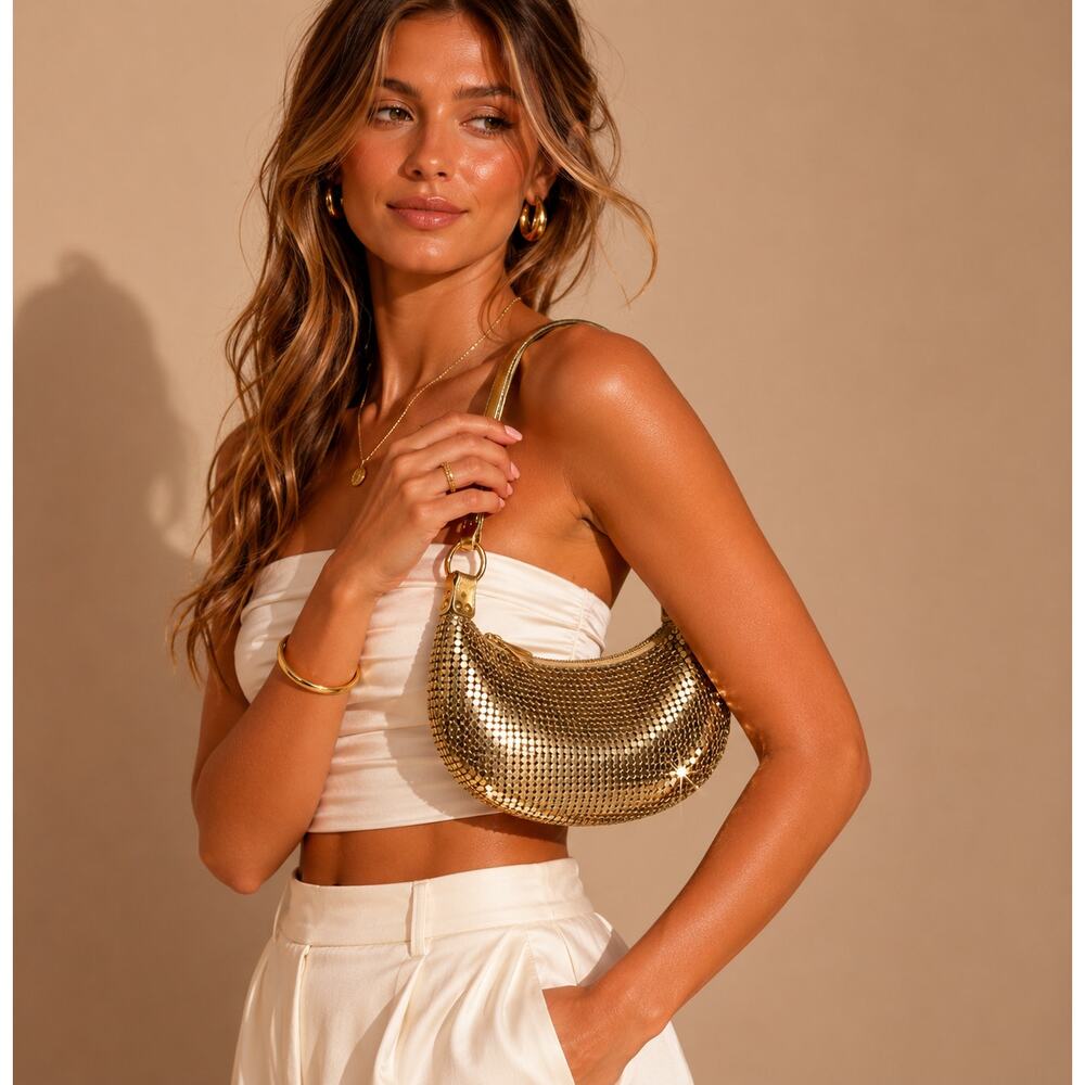 Gold Mesh Sequin Shoulder Bag Metallic Y2K Formal Wedding Guest Purse